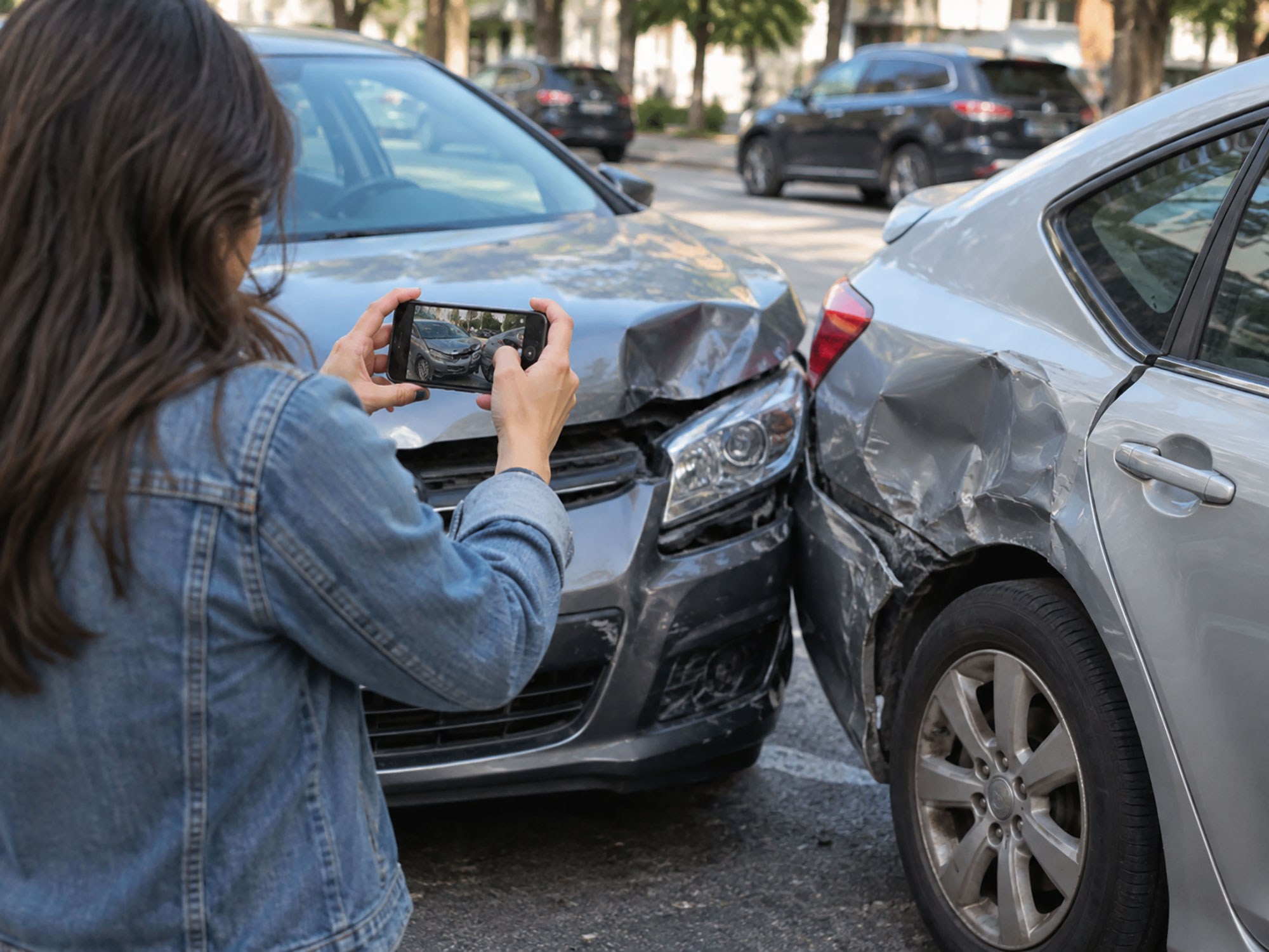 Driver taking a photo of her car accident for evidence