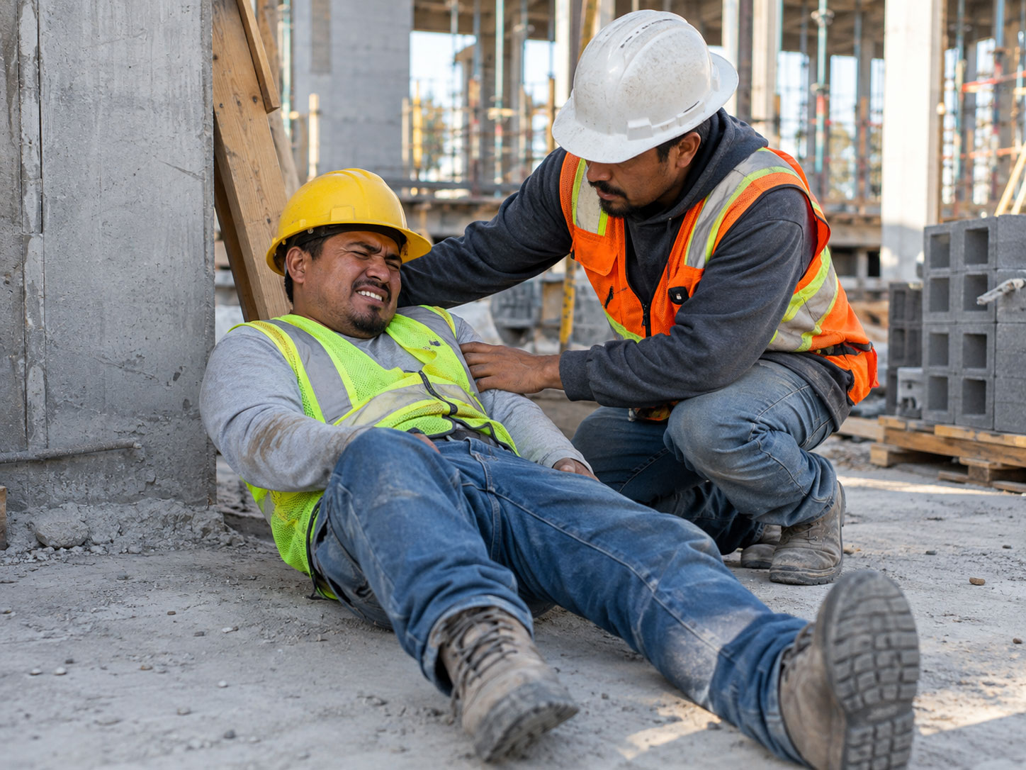 Hispanic worker on a construction site that was hurt and being helped by a co-worker
