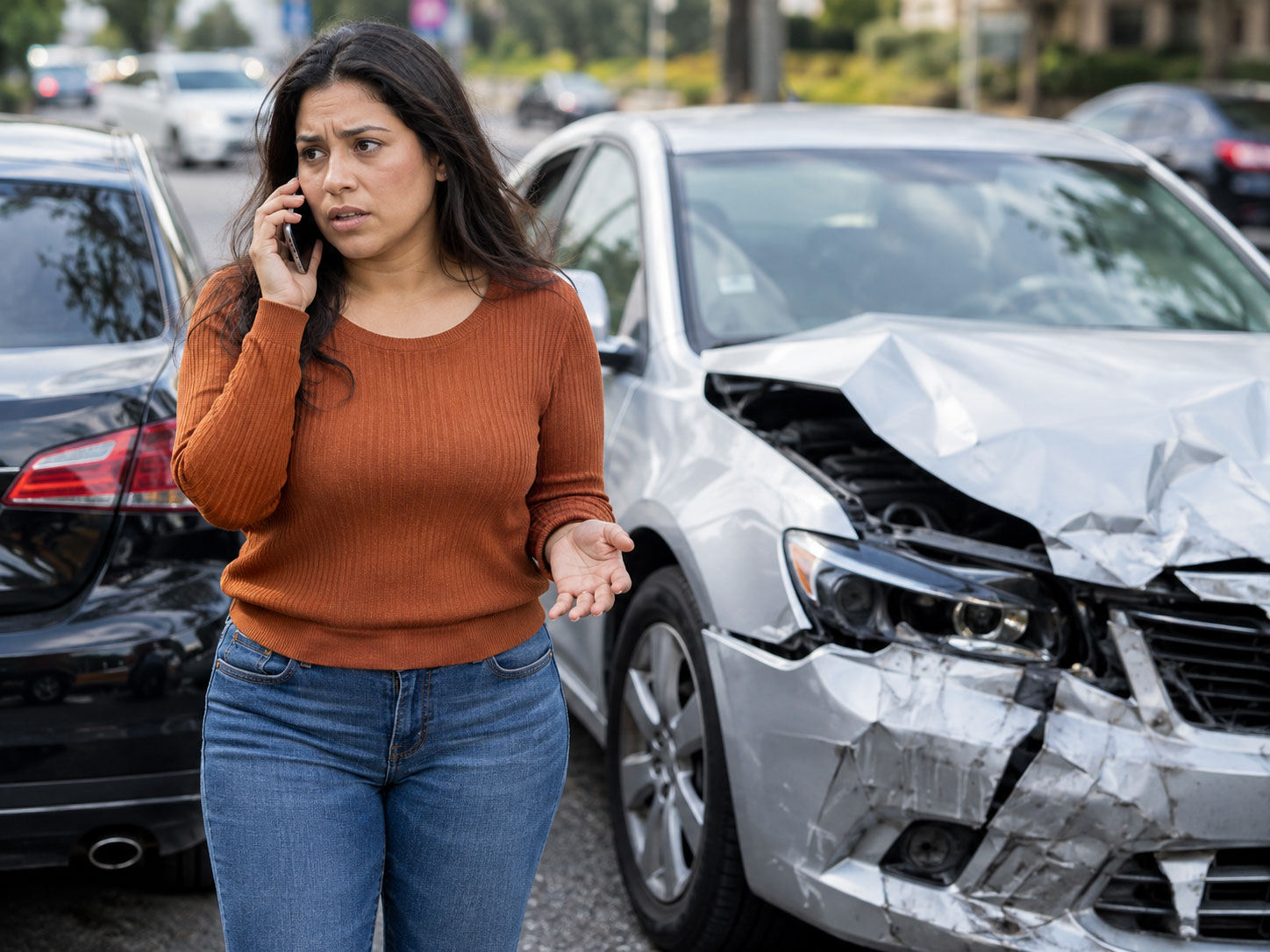 Hispanic lady on the phone after a car accident