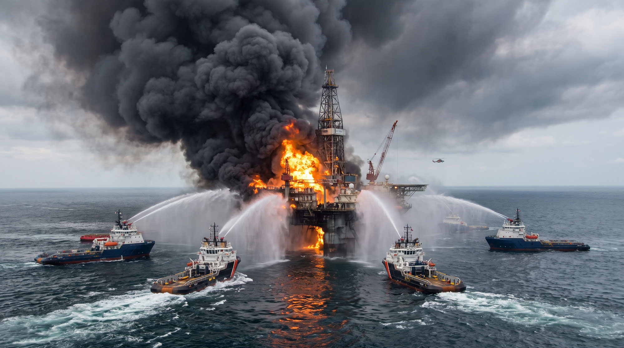 fire boats putting our a fire on an ocean oil rig