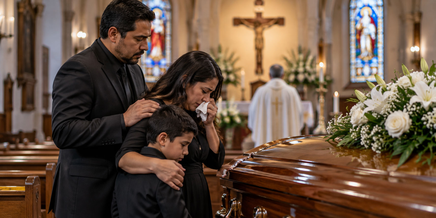 Hispanic family at a funeral in a church