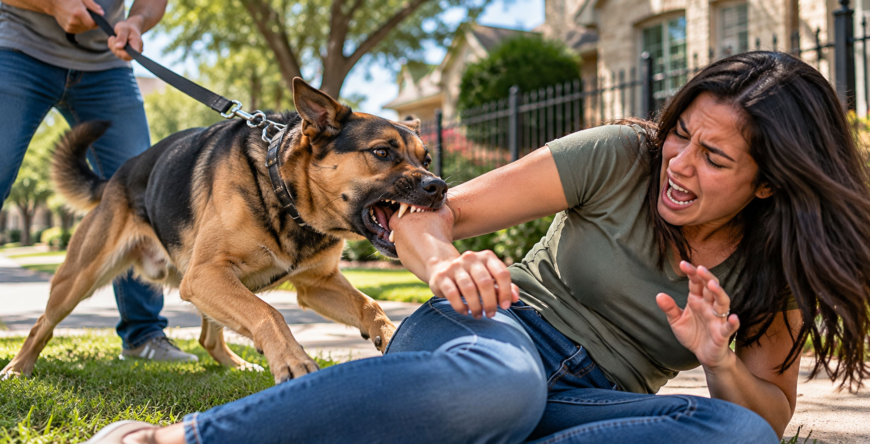 Dog attacking a woman in a neighborhood