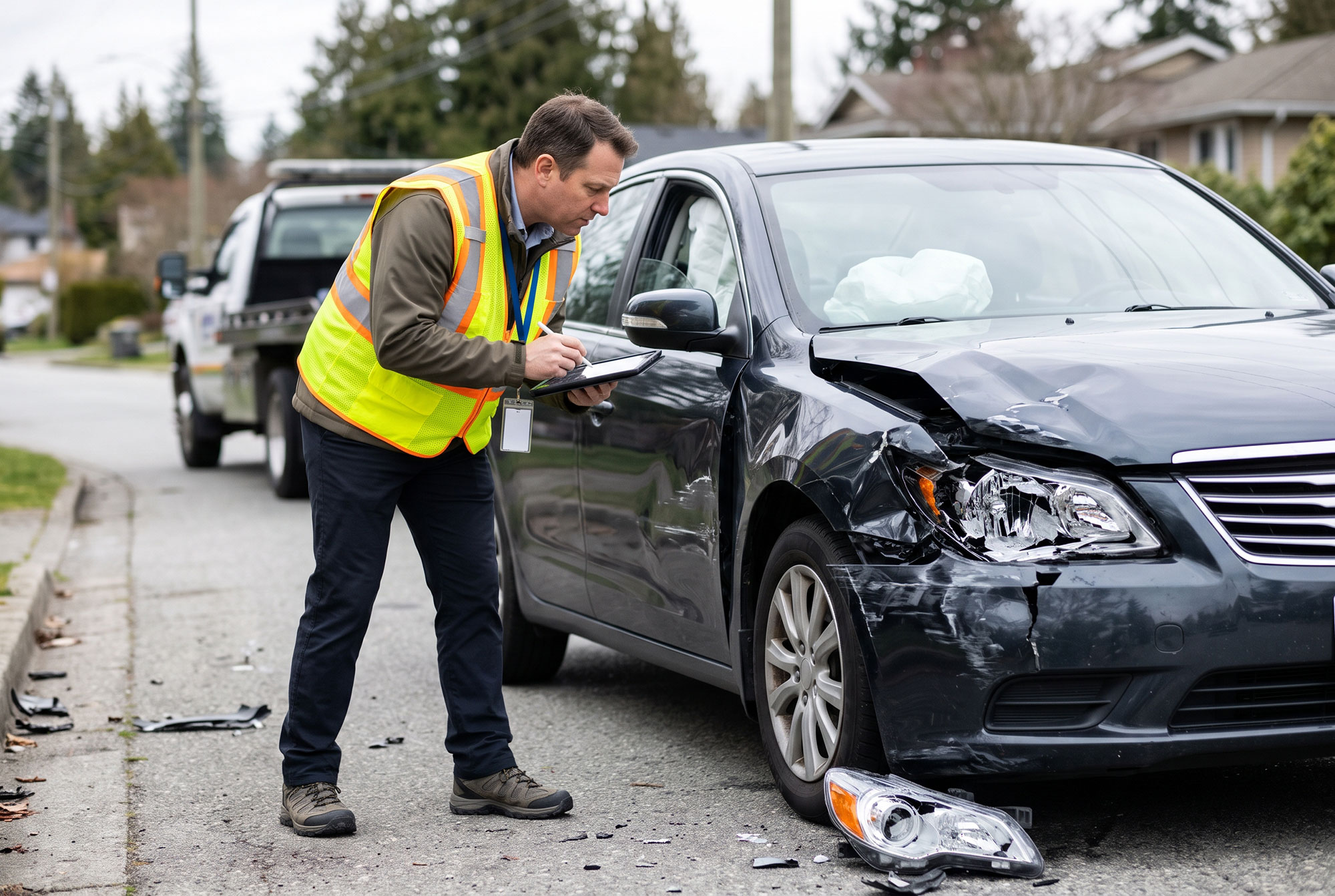 accident adjuster looking at a car involved in an accident