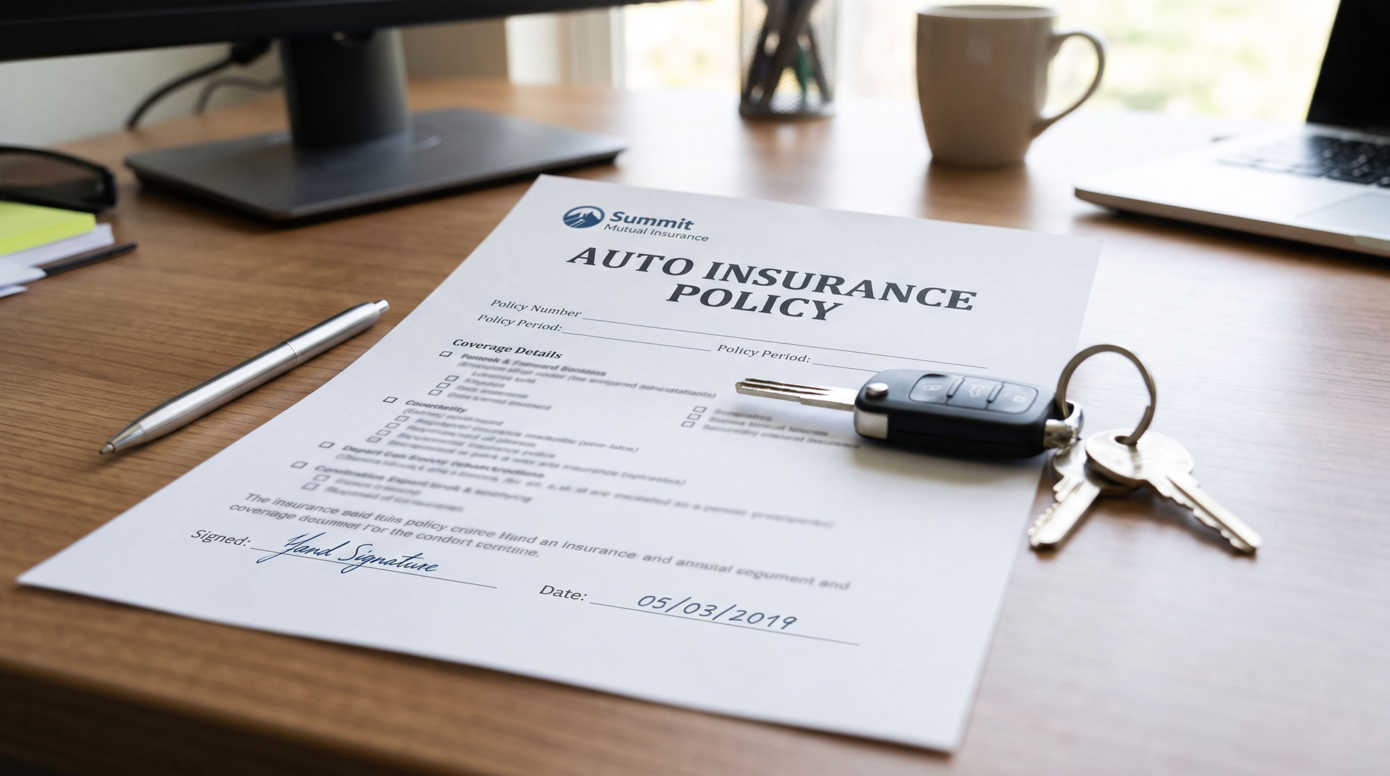 close-up photograph of an auto insurance policy document resting on a desk next to car keys