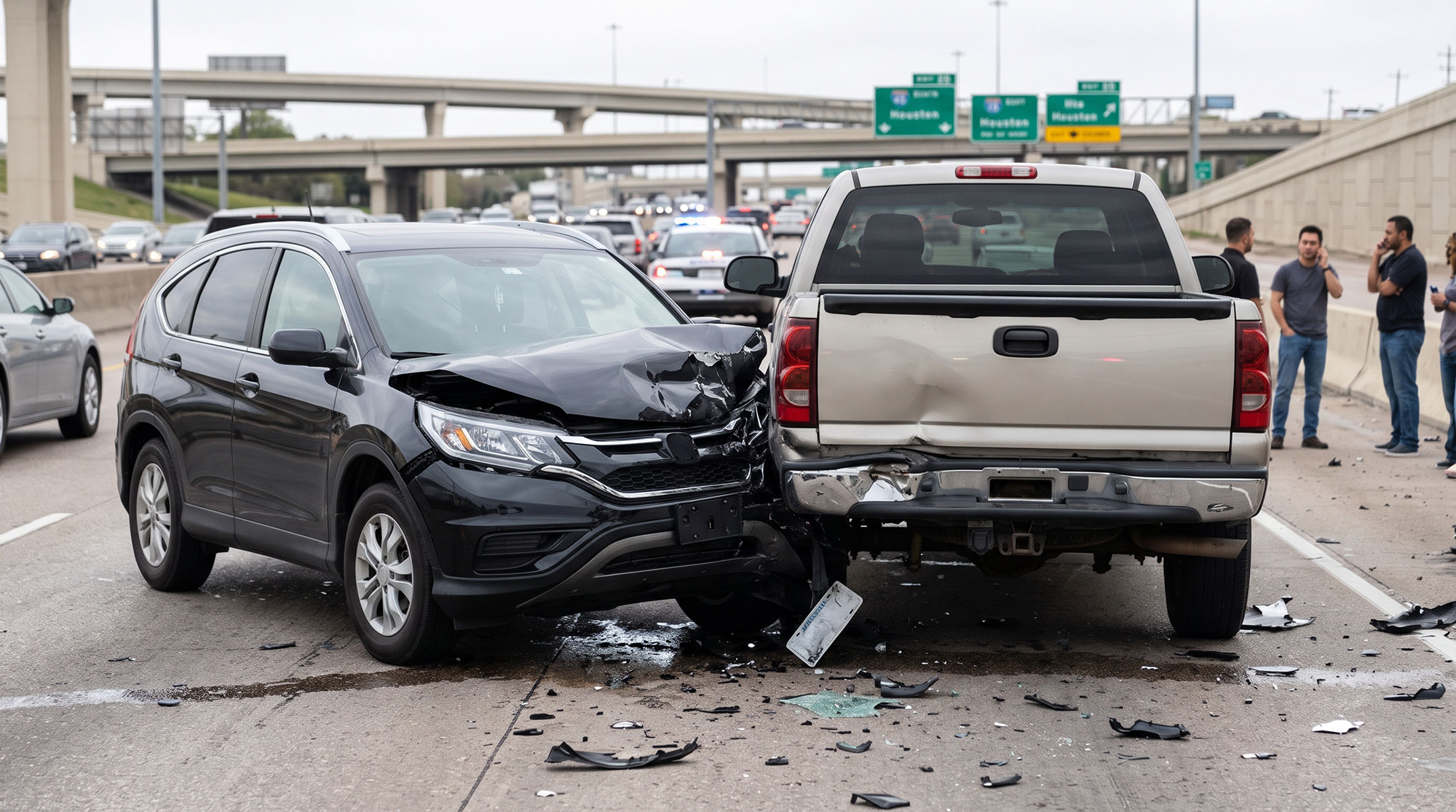 candid photograph capturing the aftermath of a rear-end collision between an SUV and a pickup truck on a highway in Houston