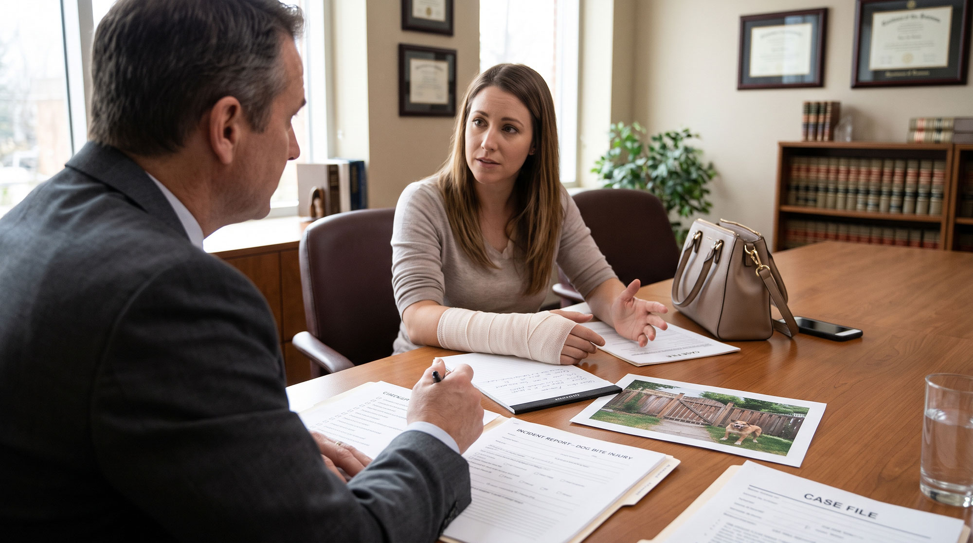 an attorney consulting with an injured client about a dog bite claim