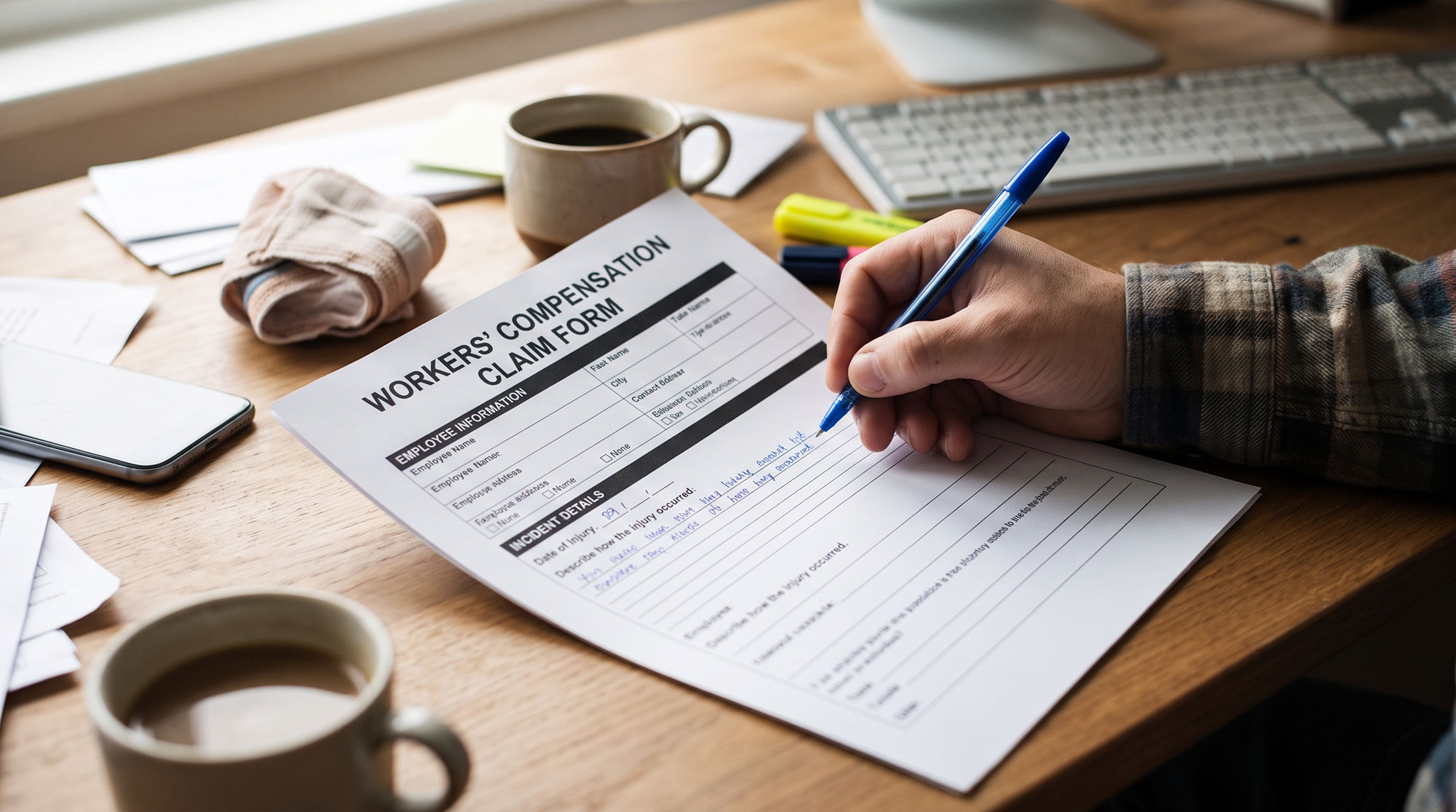close up of employee filling out a work injury claim form
