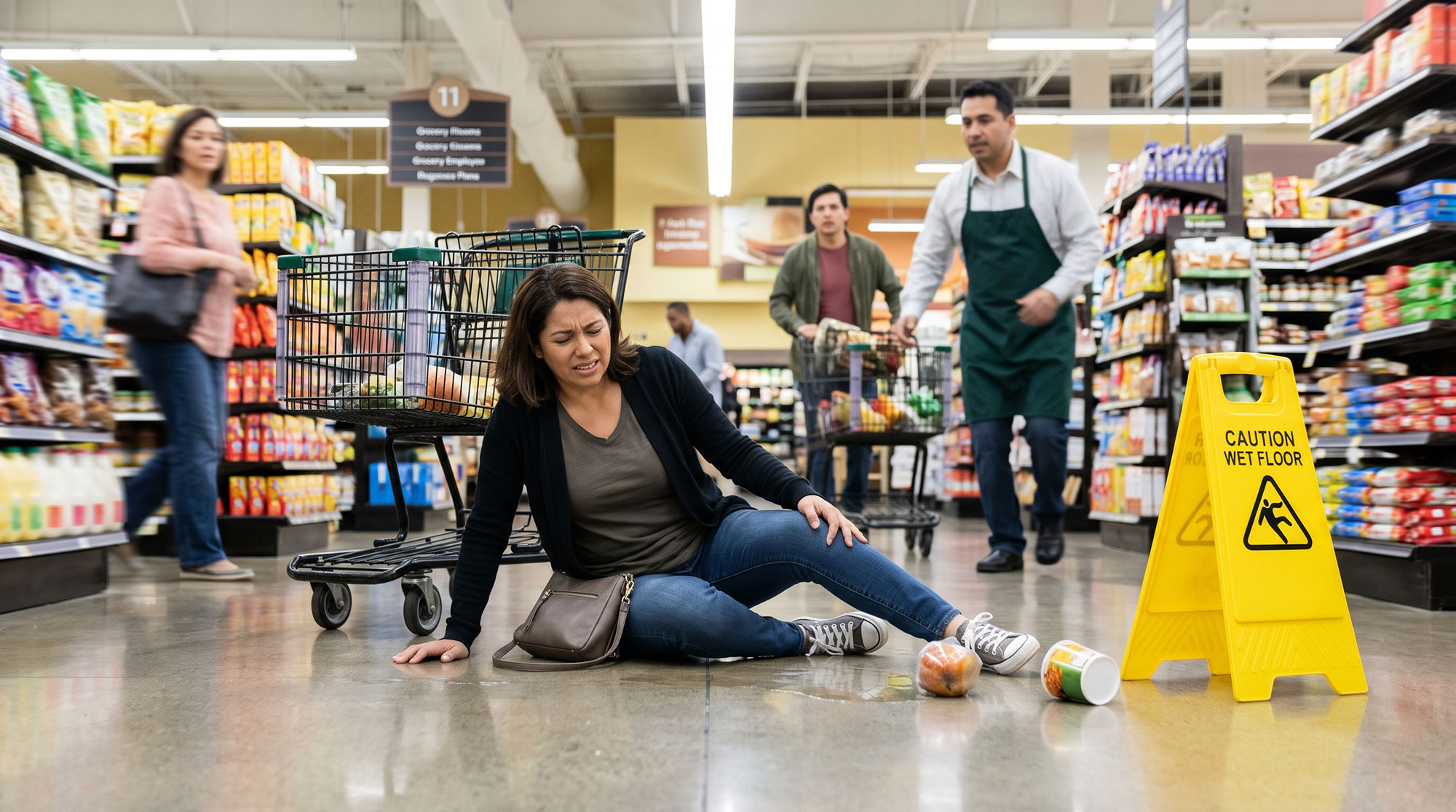 AI generated image of a Hispanic female that has fallen and injured herself from a slip and fall at a supermarket