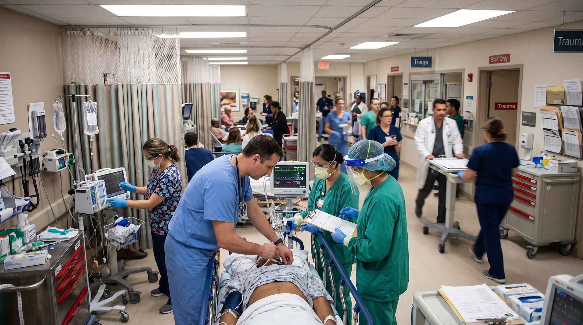 AI generated image of doctors working in a busy emergency room