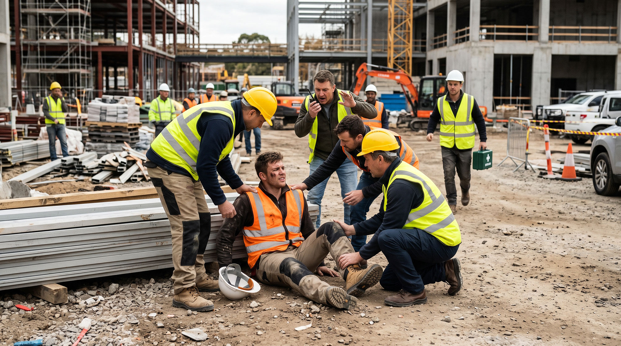 AI generated image of man being assisted at a construction site accident