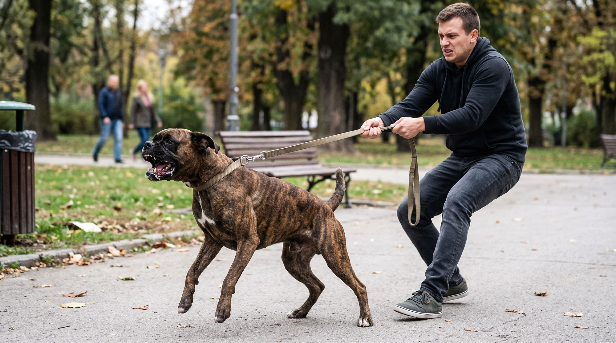 Ai generated image of a person holding back an aggressive dog