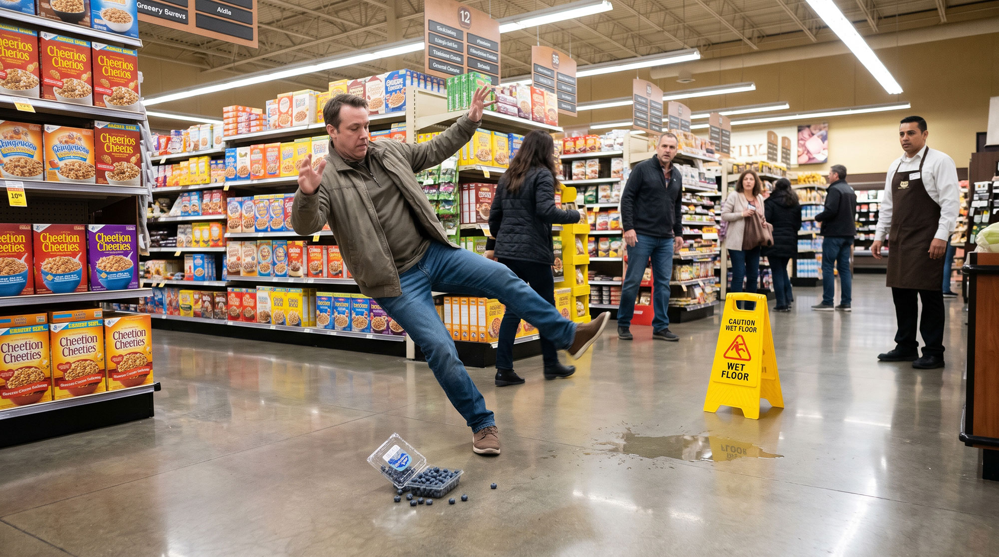 AI generated image of a slip and fall in a grocery store