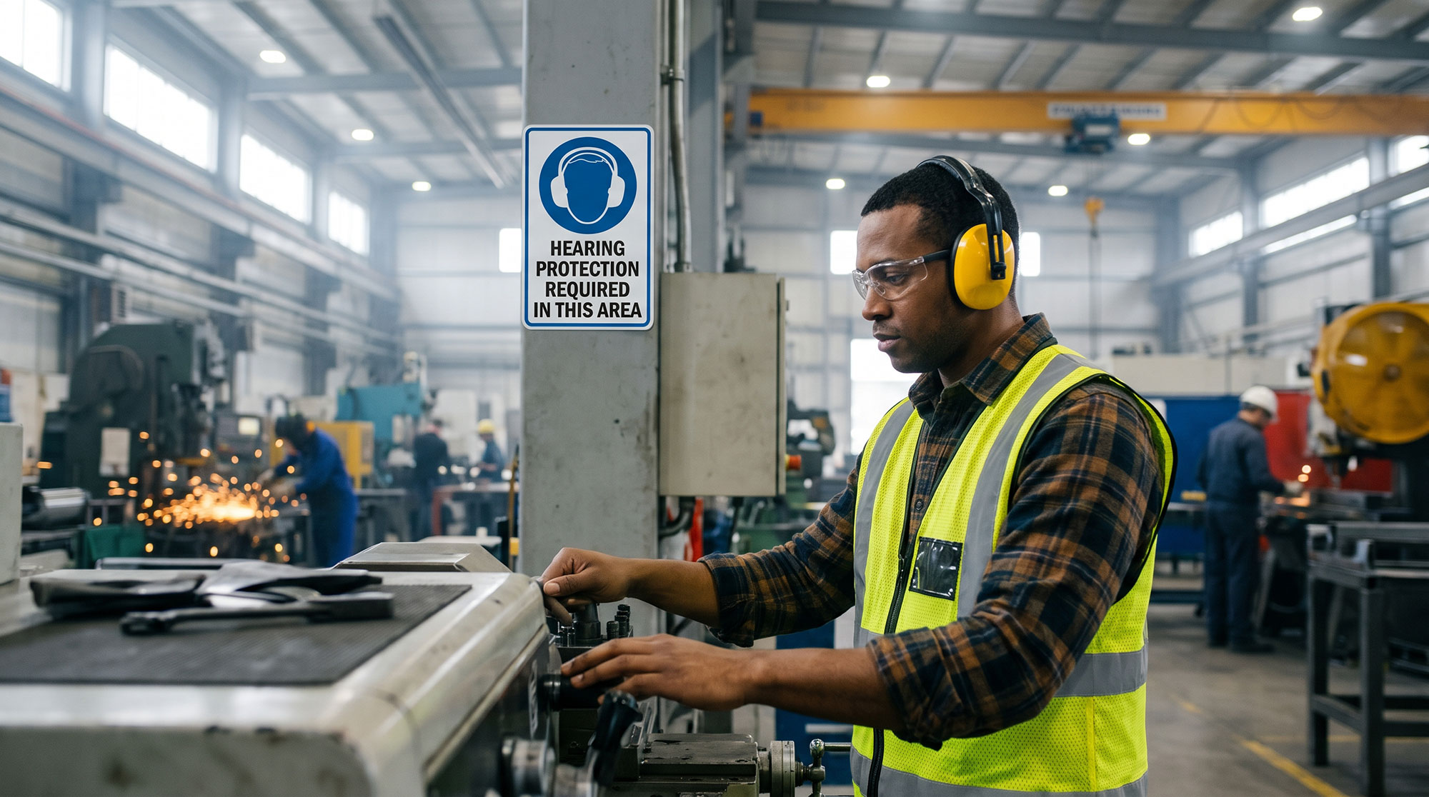AI generated image of hearing protection needed for high noise workplace