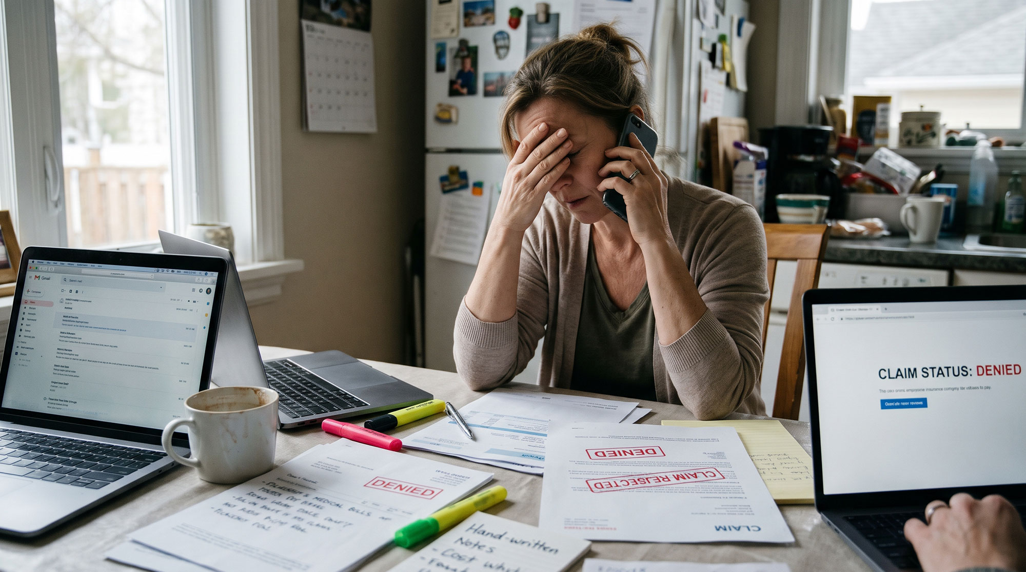 stress and frustration of trying to deal with an insurance company that refuses to pay, surrounded by paperwork and denied claims