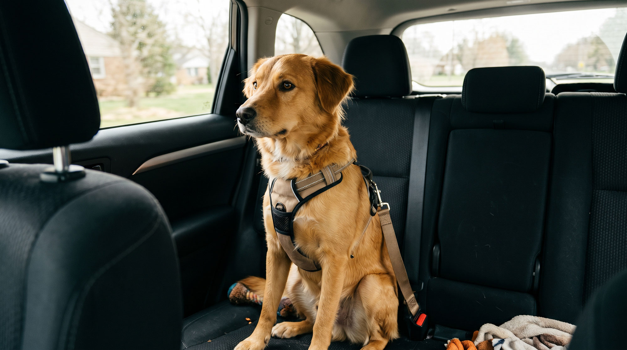 AI generated image of a dog in a car seat-belted