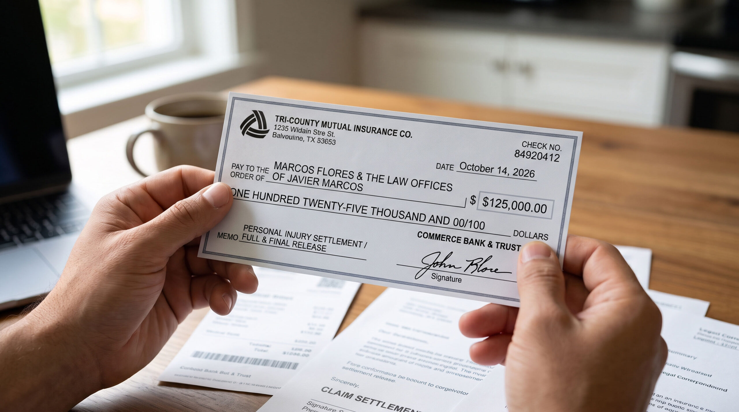 AI generated image of a personal injury settlement check