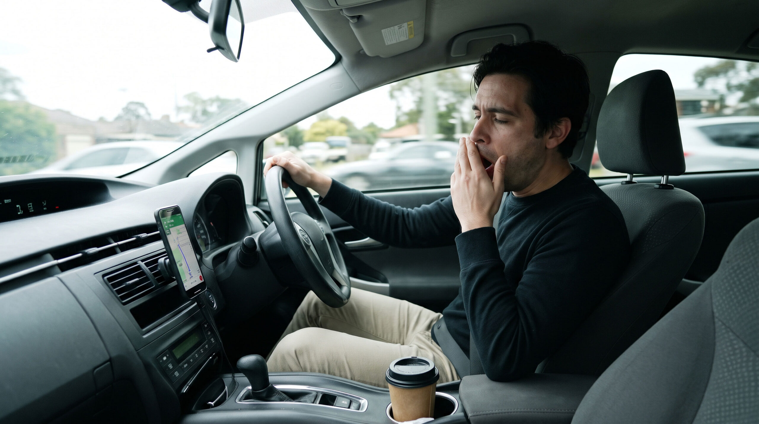 AI generated image of person tired while driving a car