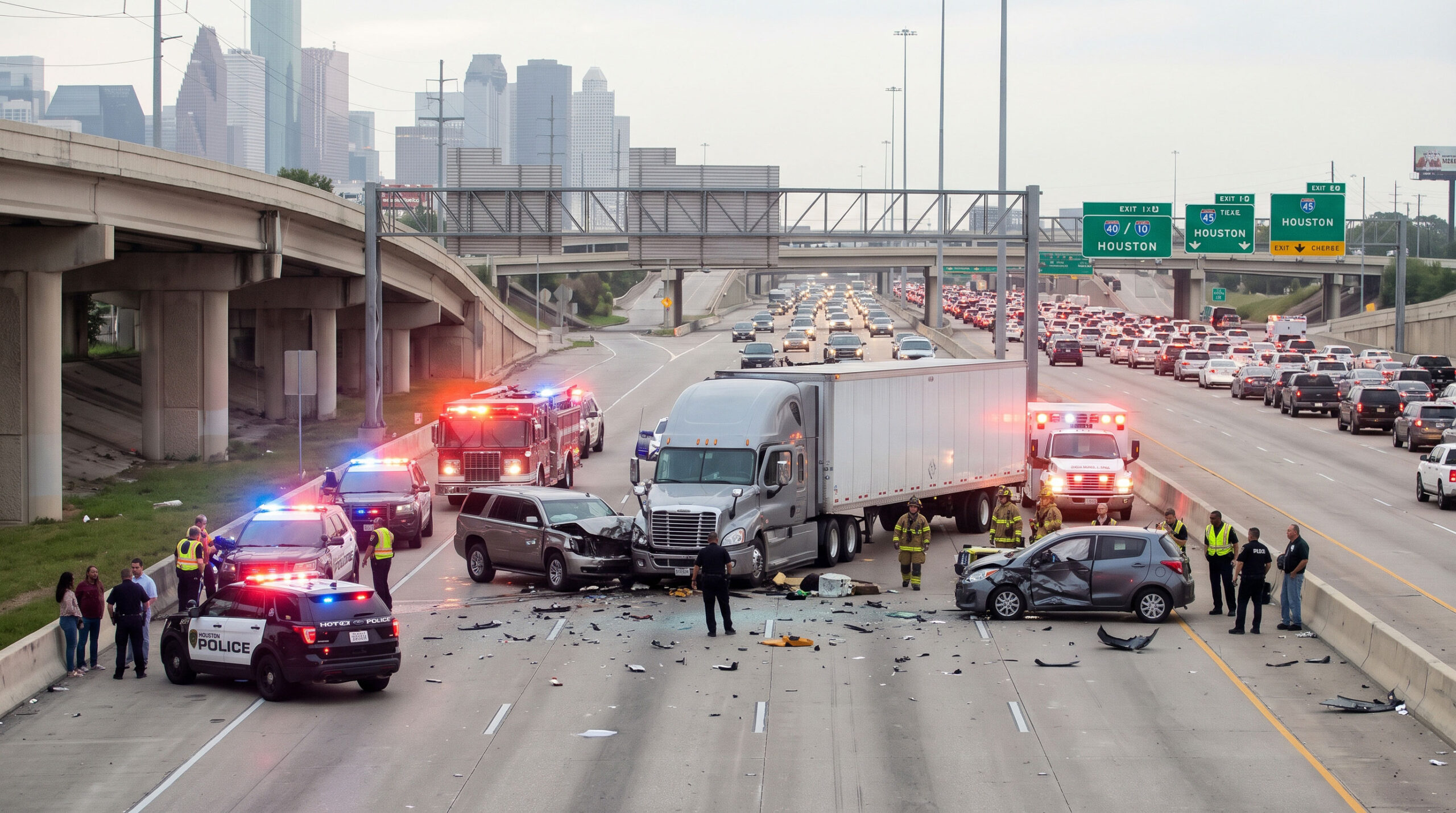 AI generated image of an accident on the freeways of Houston with an 18-wheeler