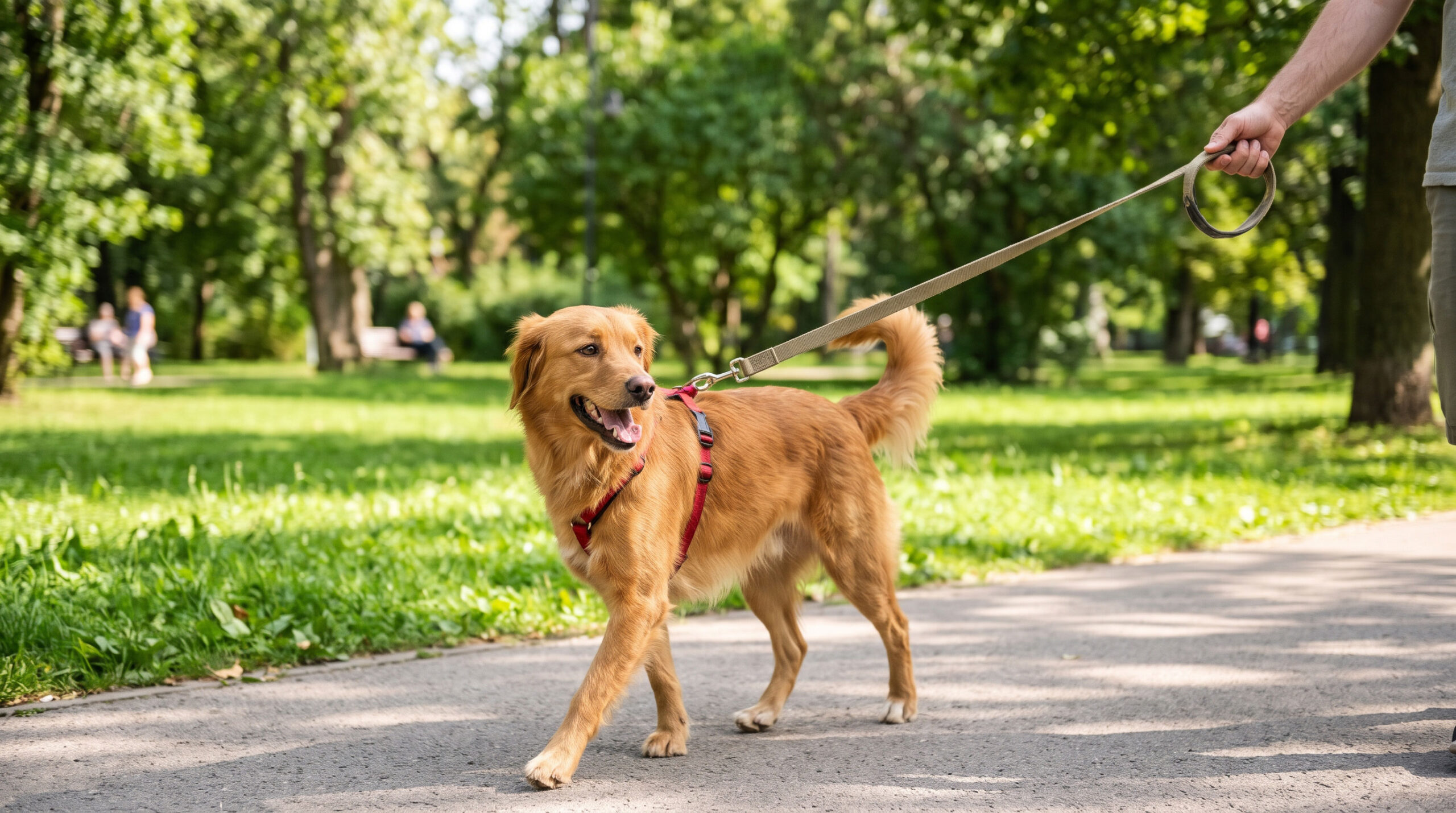 image of a dog on a leash being walked in a park