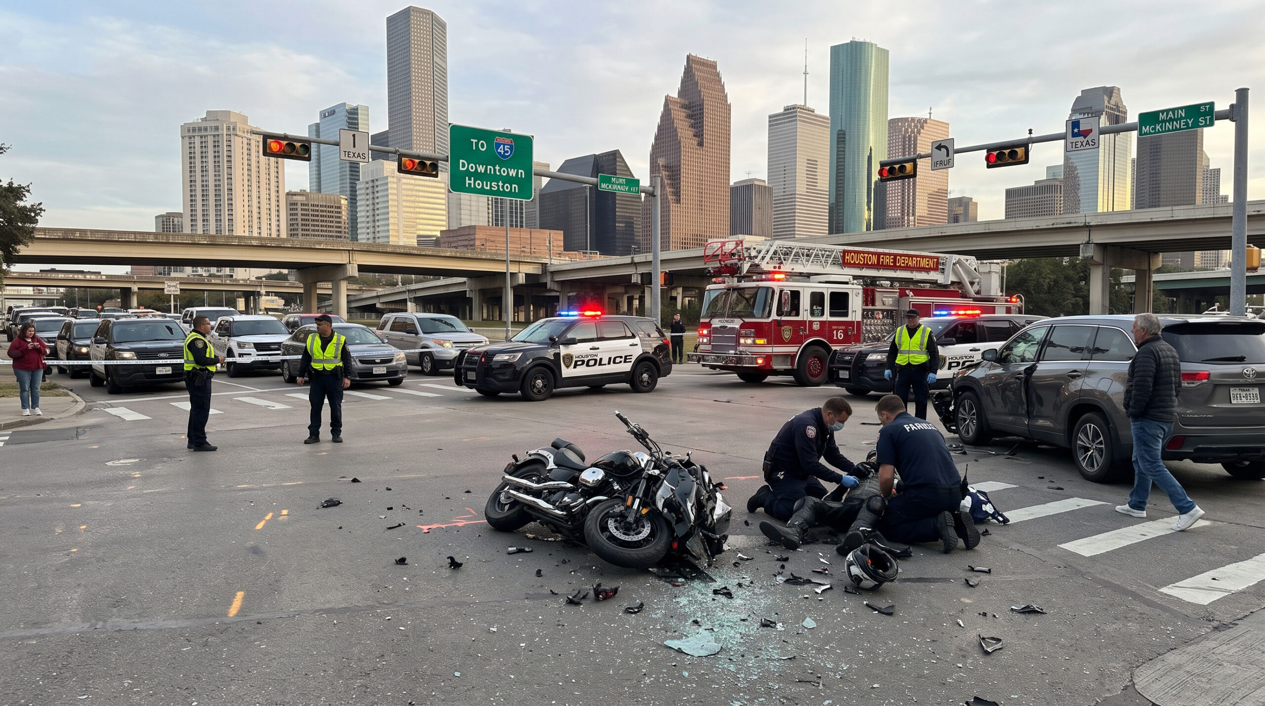 AI generated image of a motorcycle accident in a busy intersection