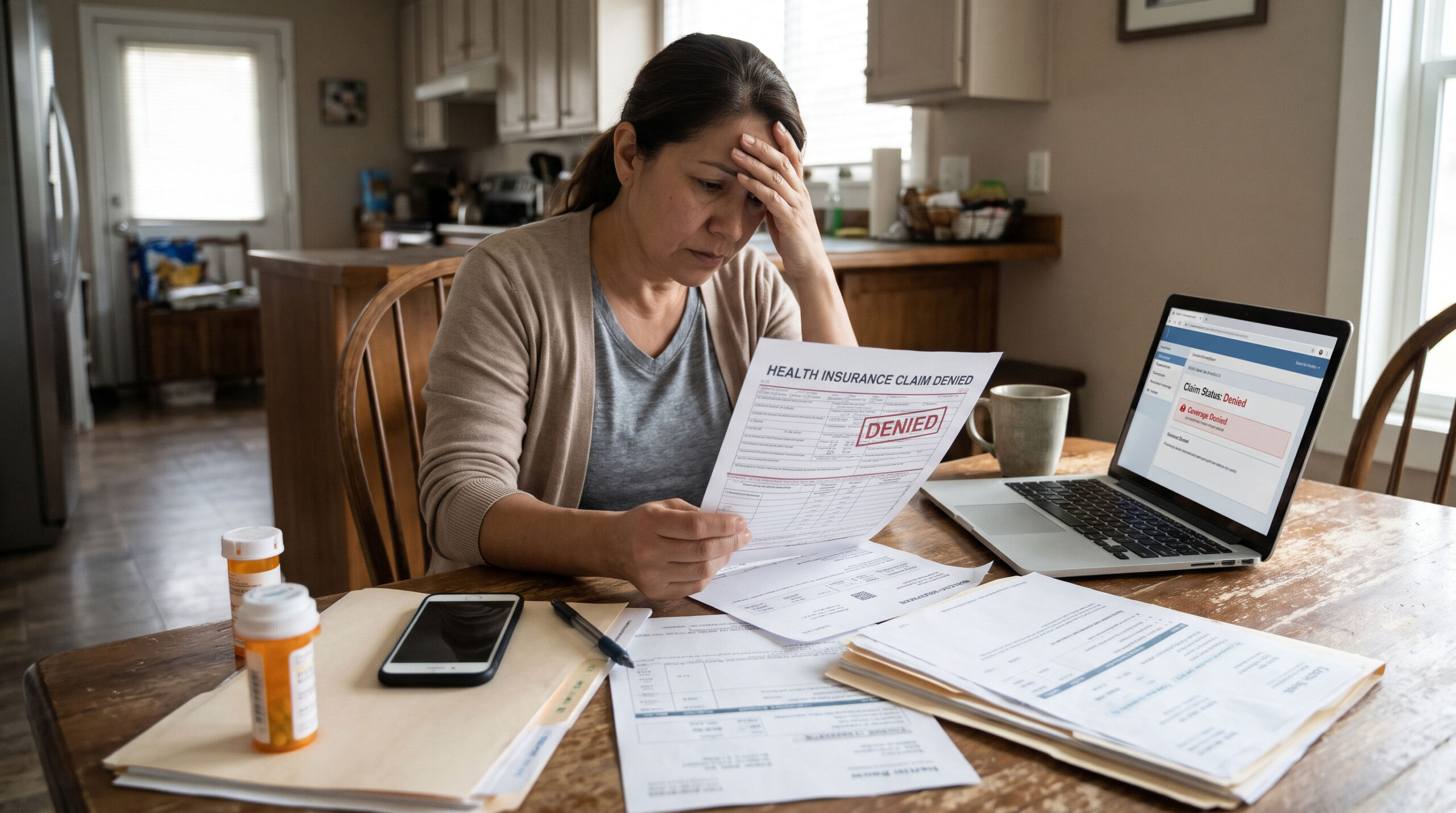realistic photo depicting a woman dealing with a denied health insurance claim