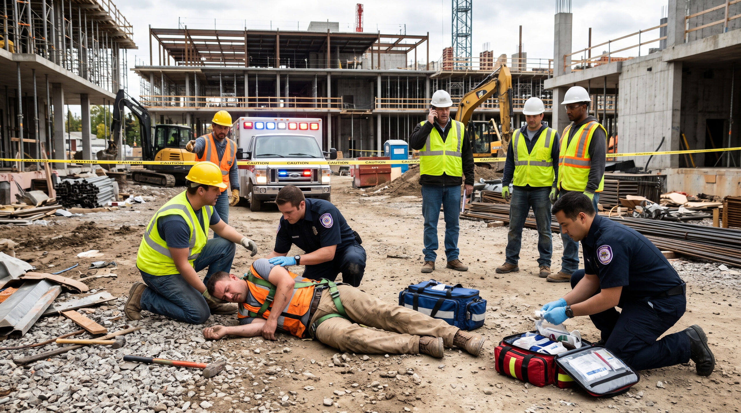 realistic photo of a construction site accident with injuries