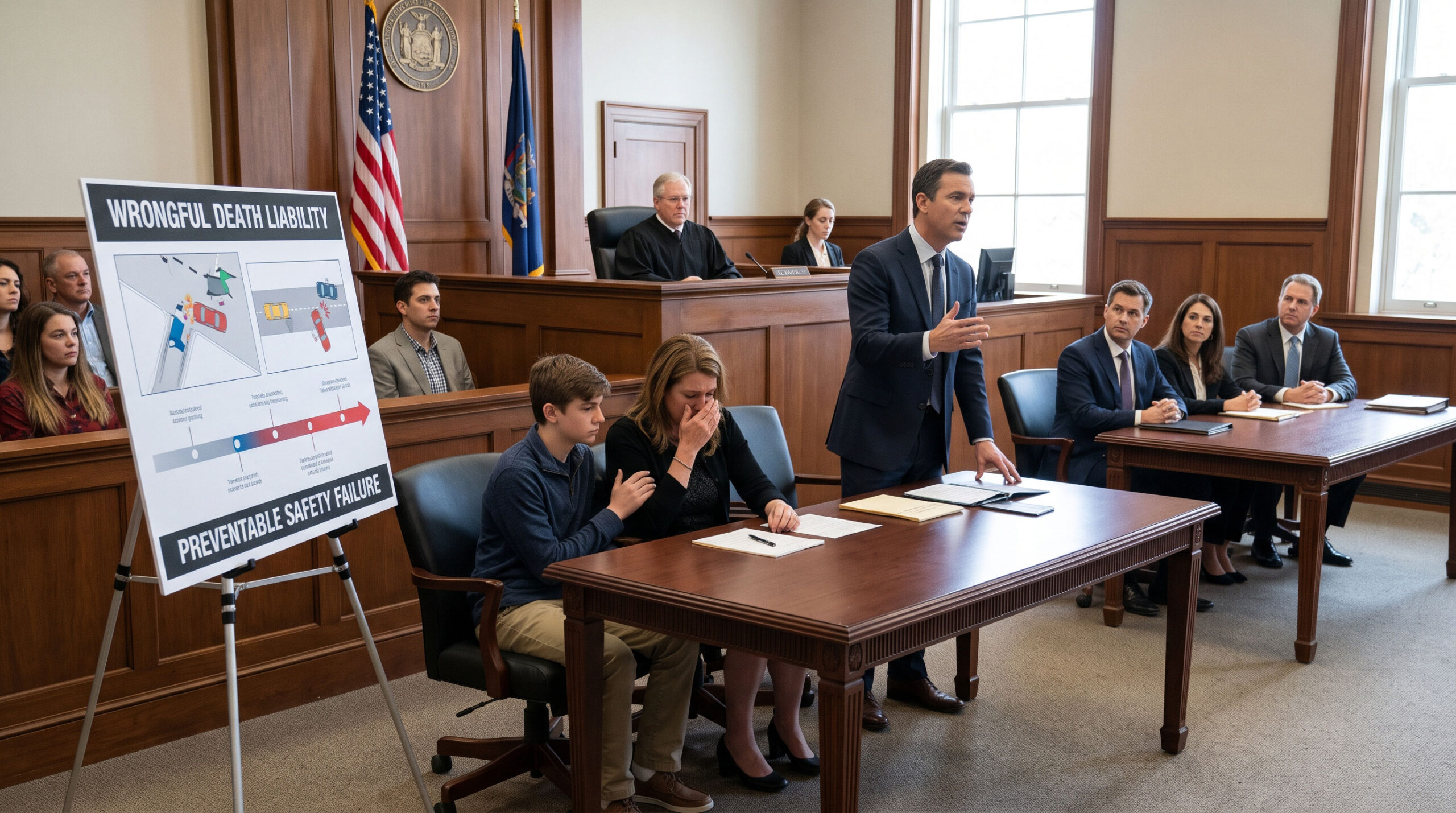 image depicting a wrongful death lawsuit being tried in a courtroom