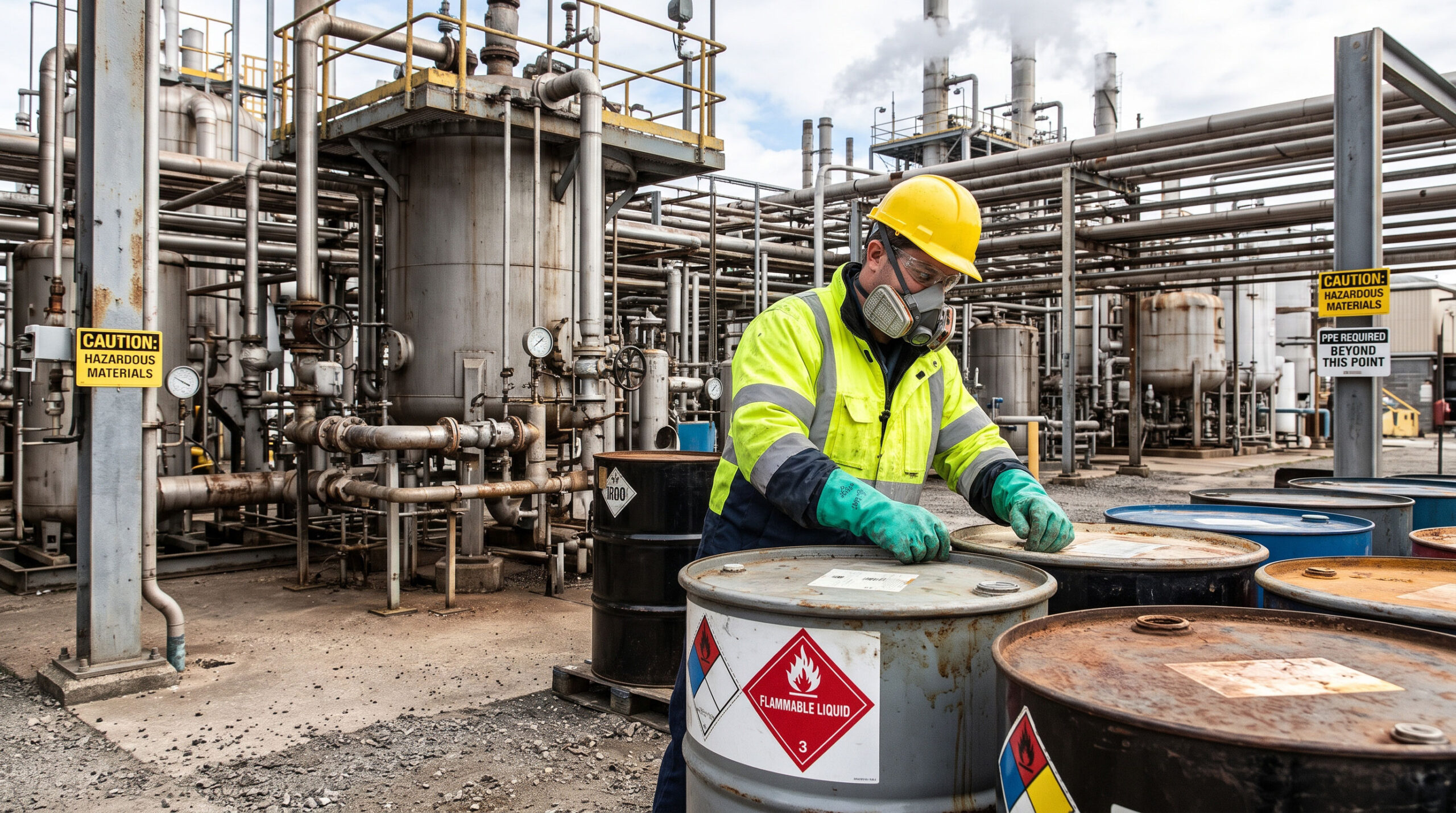 realistic photo of a chemical plant worker near hazardous materials, showing him in full personal protective equipment inspecting industrial drums at an active facility