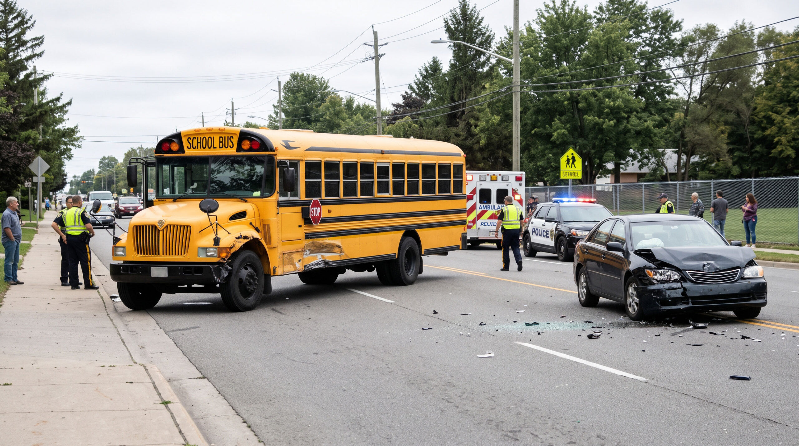 AI generated image of an auto accident involving a school bus