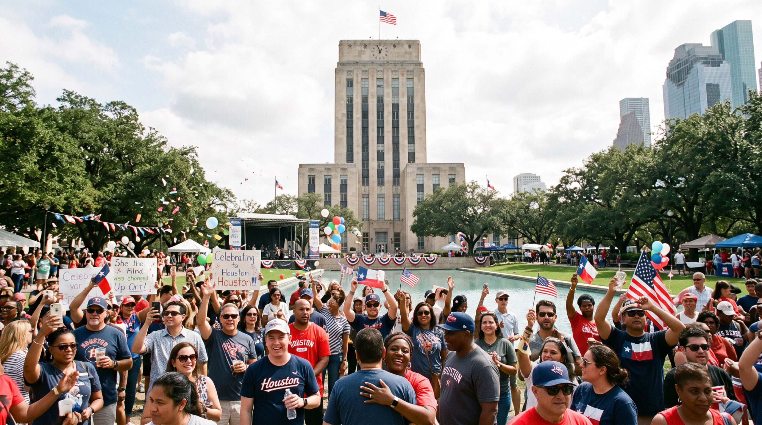 AI generated image of people celebrating in front of Houston City Hall