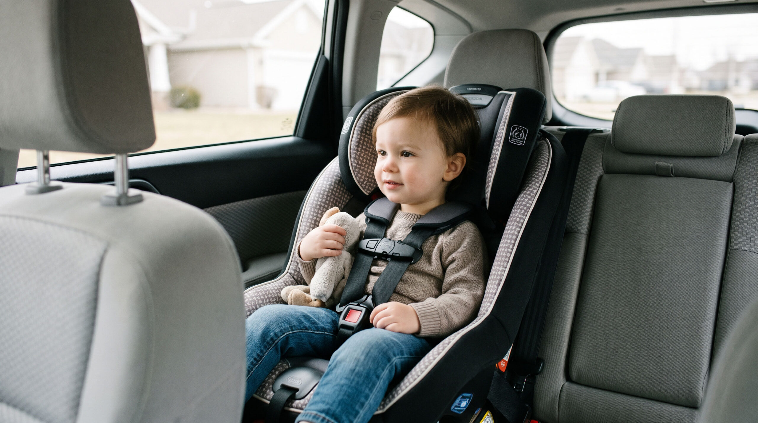 AI generated image of a child properly restrained in a car seat