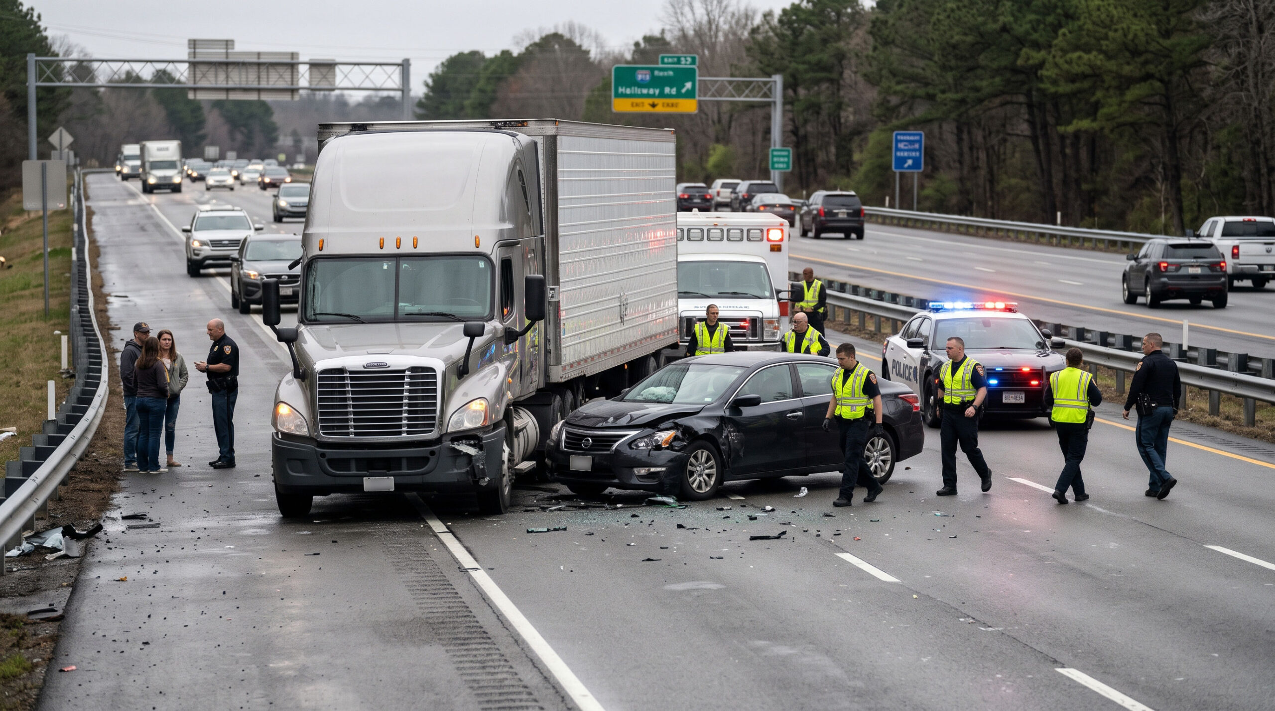 AI generated image of accident with a car and commercial truck
