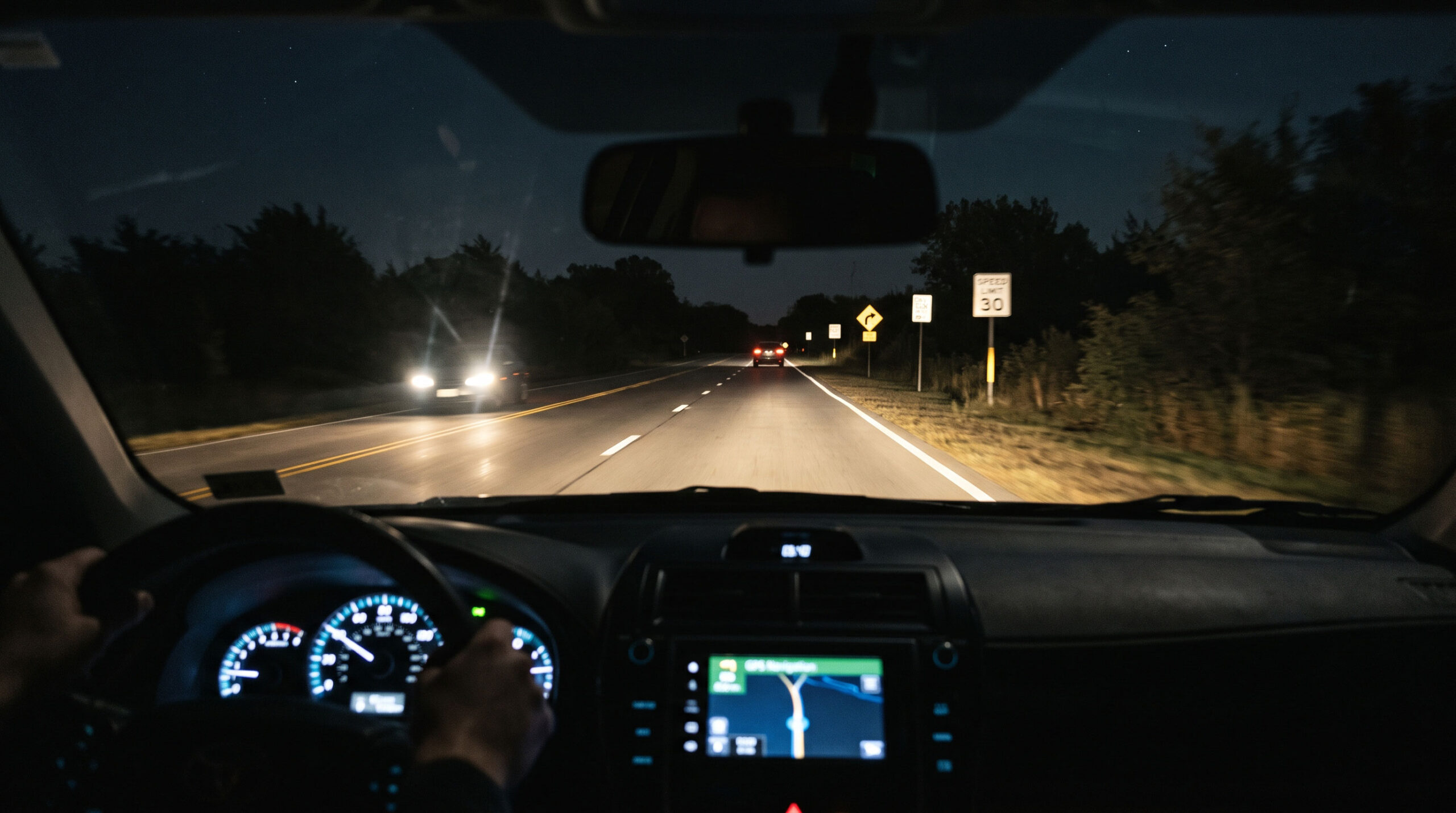 first-person photograph from the driver's perspective for your nighttime driving safety