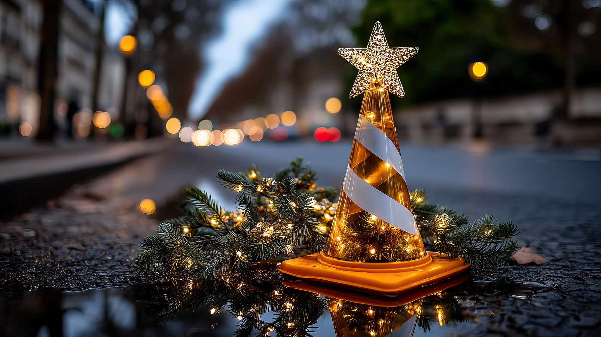 holiday decorated traffic cone on street