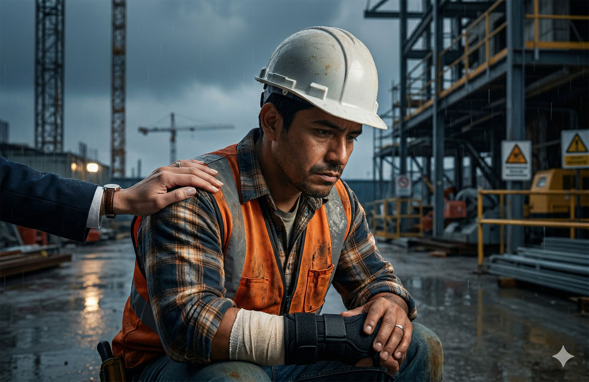 Gemini AI generated image of construction worker with wrapped arm injury