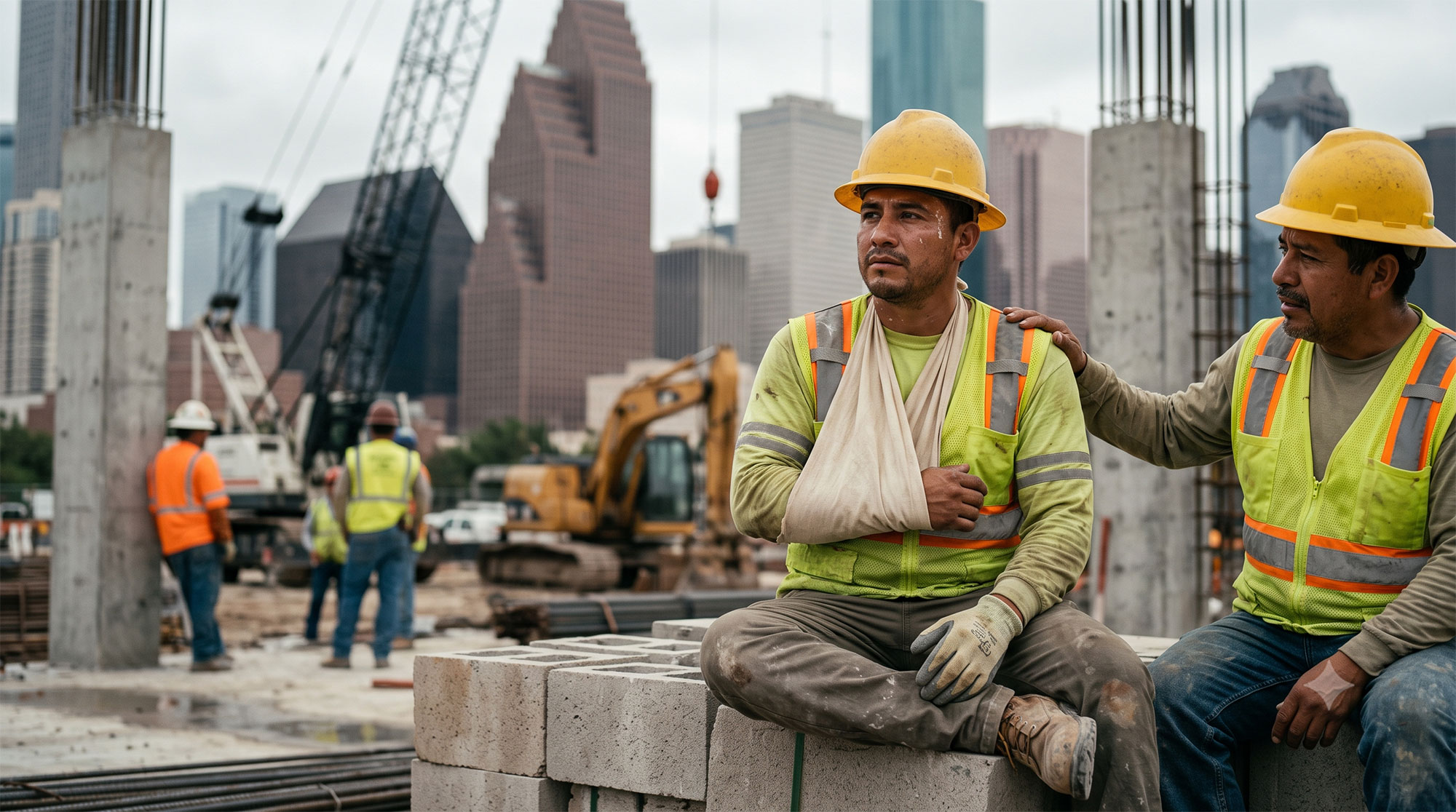 Hispanic construction worker hurt on the job being assisted by co-worker